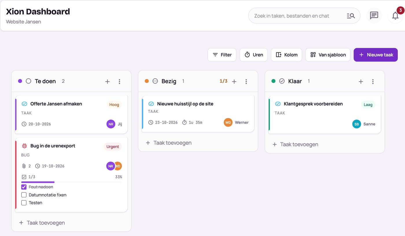 Het bord van Xion met drie kolommen: te doen, bezig en klaar